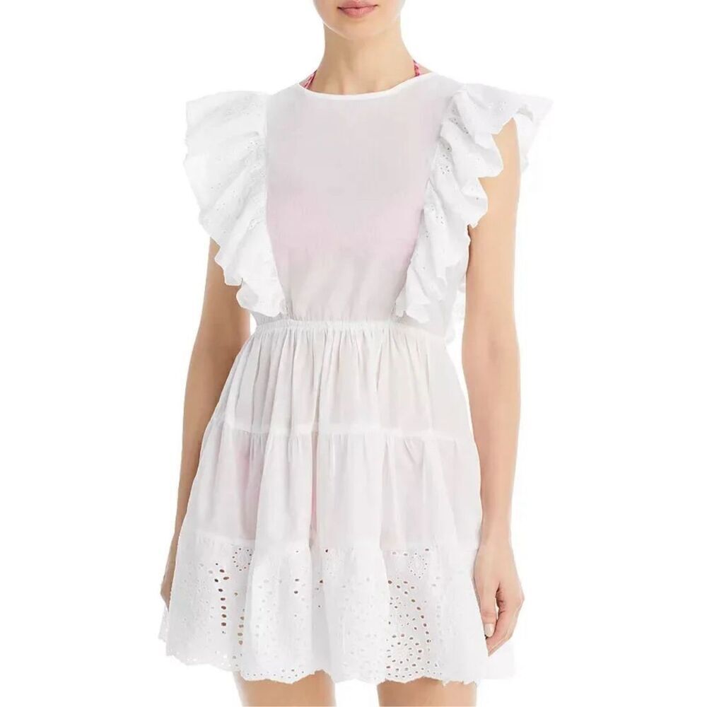 Aqua Eyelet Flutter Mini Dress Swim Cover-up Womens Size Medium in White NWT